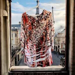 M Fasis California Blue 3X Tunic Animal Print Blouse Kimono Sleeves Gold Sequins